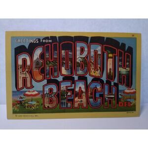 Greetings From Rehoboth Beach Delaware Large Big Letter City Town Postcard Linen
